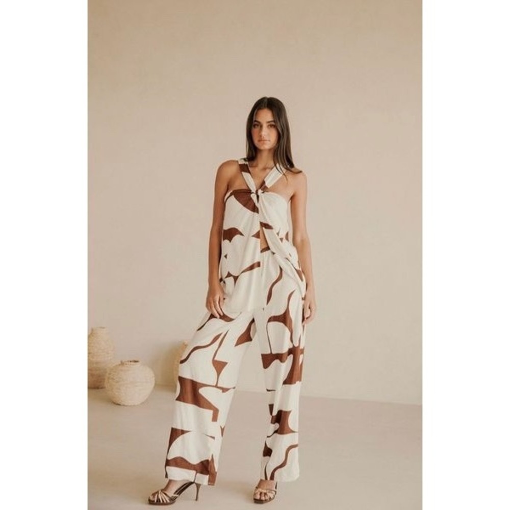 SABO Ellira Linen Jumpsuit Sunroom Chocolate Brown White Abstract Wide Leg 8/L